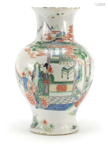 Large Chinese porcelain baluster vase, hand painted in the famille verte palette with figures in a