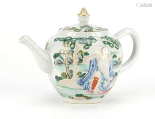 Chinese porcelain teapot, hand painted with two nude European females in a landscape, 14cm high :