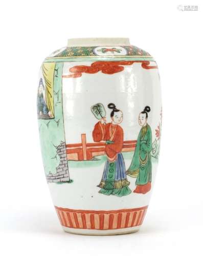 Chinese porcelain jar hand painted in the famille verte palette with figures in a palace setting,