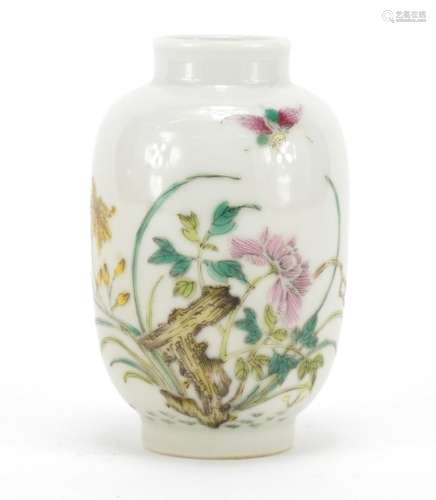 Chinese porcelain vase, finely hand painted with famille rose palette with butterfly amongst