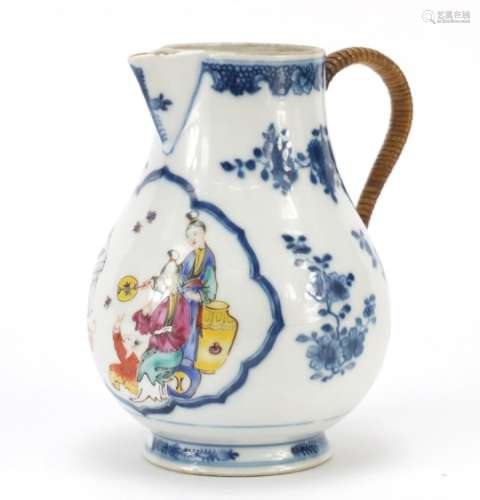Chinese porcelain sparrowbeak jug, hand panted in the famille rose palette with two mother with