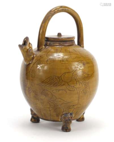 Chinese pottery teapot with animalia spout, hand painted with storks amongst flowers, 21cm high :