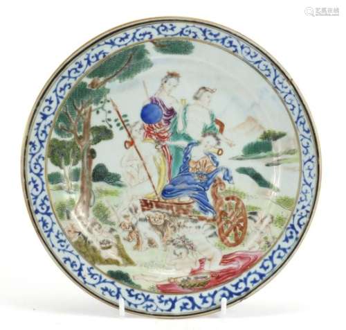Chinese porcelain plate, finely hand painted in the famille rose palette with European figures in