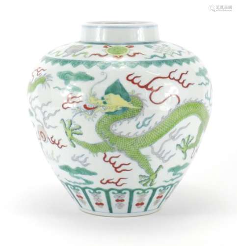 Chinese porcelain Wucai vase, hand painted with two dragons chasing the flaming pearl amongst clouds
