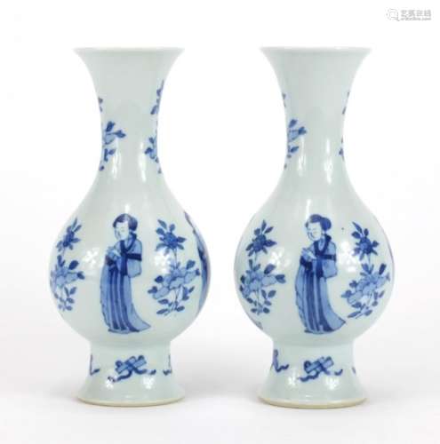 Pair of Chinese porcelain baluster vases, each hand painted with four females and flowers above