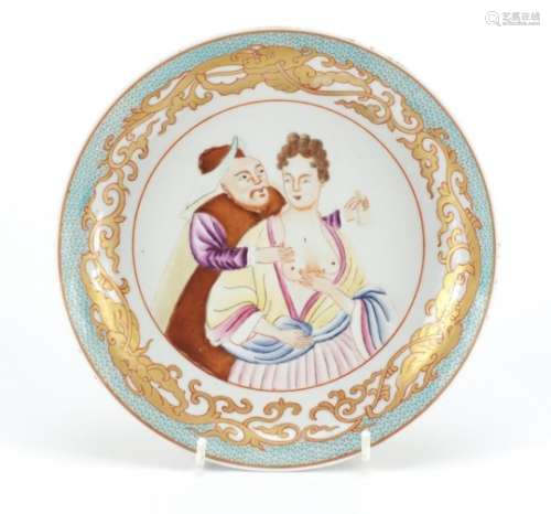 Chinese porcelain shallow dish, hand painted with European figures within a gilt border, 21cm in