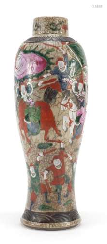Large Chinese crackle glazed vase, hand painted with warriors, character marks to the base, 31.5cm