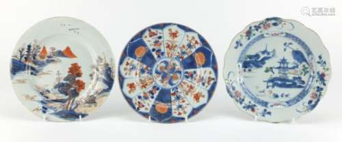 Three Chinese porcelain plates including two hand painted with river landscapes, the largest 23cm in