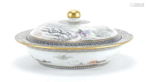 Chinese porcelain bowl and cover, hand painted with figures in a winter landscape within griselle