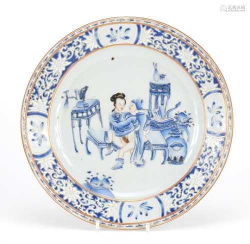 Chinese porcelain plate hand painted with an erotic couple, 23cm in diameter : For Further Condition