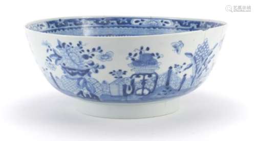 Large Chinese blue and white porcelain bowl, hand painted with flowers and butterflies, 29.5cm in
