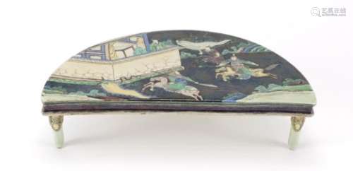 Good Chinese porcelain half moon stand, hand painted in the famille verte palette with warriors on