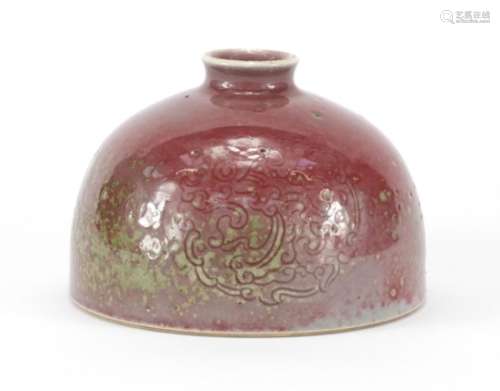 Chinese porcelain peach bloom glazed Taibai Zun water pot of beehive form, incised under glaze