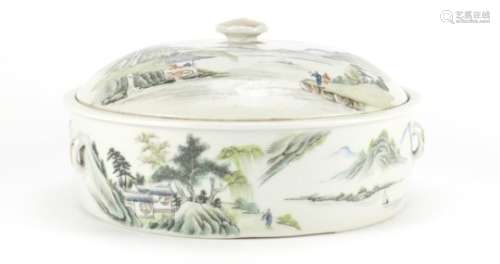 Chinese porcelain pot and cover, hand painted in the famille rose palette with a river landscape