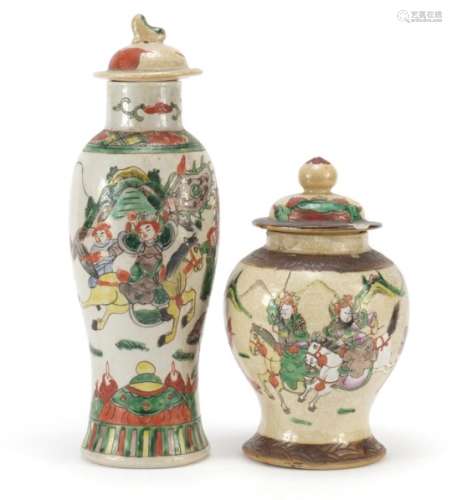 Chinese crackle glazed jar and vase, each hand painted in the famille vert palette with warriors,