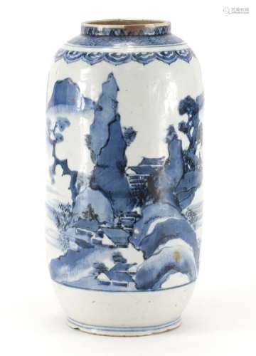 Chinese blue and white porcelain vase, hand painted with a continuous river landscape, 30.5cm high :