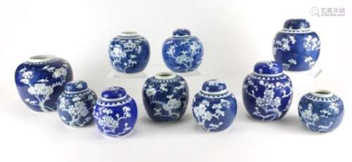 Ten Chinese blue and white ginger jars, hand painted with prunus flowers, six with lids each hand