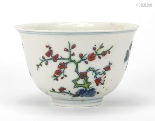 Chinese porcelain bowl hand painted depicting three trees, six figure character marks to the base,