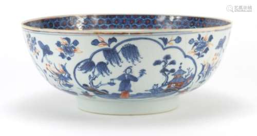Large Chinese porcelain bowl, hand painted with panels of figures and flowers, 28cm diameter : For