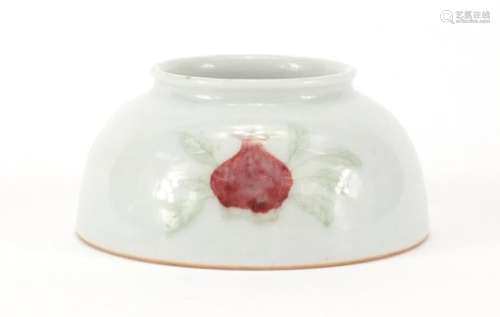 Chinese porcelain brush washer hand painted with peaches, six figure character marks to the base,