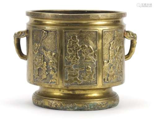 Chinese bronze planter with naturalistic handles, cast in relief with panels of figures, character