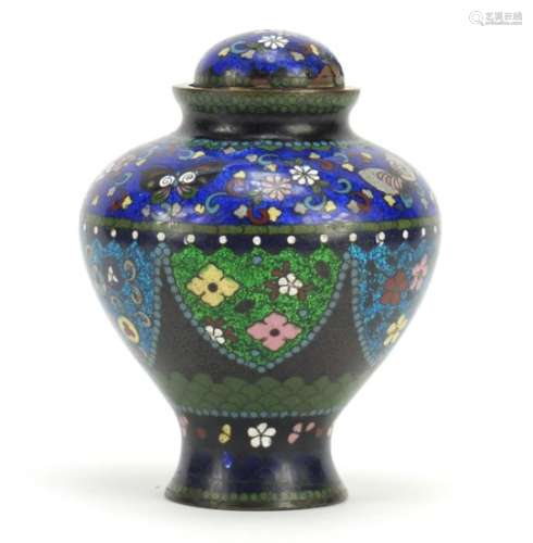 Japanese cloisonné koro with cover, enamelled with butterflies and panels of flowers, 14.5cm