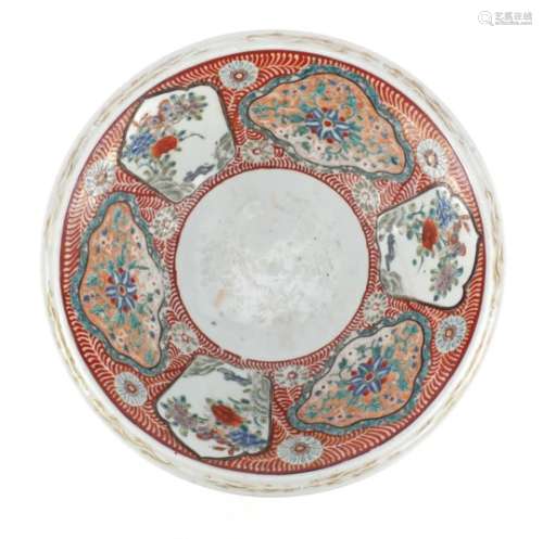 Large Japanese Arita porcelain bowl, hand painted with panels of flowers, 37cm in diameter : For