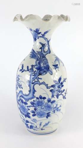 Japanese blue and white porcelain vase with frilled rim, hand painted with bird amongst flowers,