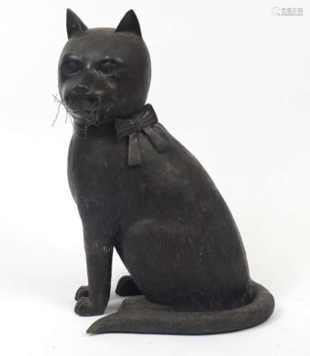 Large Japanese floor standing patinated bronze seated cat, 61cm high : For Further Condition Reports
