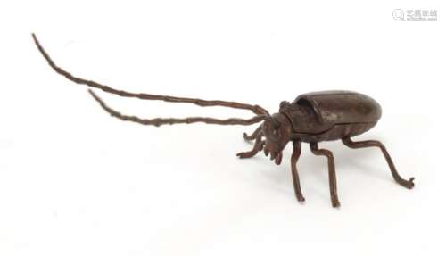 Japanese patinated bronze insect with articulated antennae's, wings and legs, 12cm in length : For