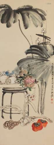 Attributed to Zhangda Qian - Plants, Chinese watercolour wall hanging scroll, 94cm x 35cm : For