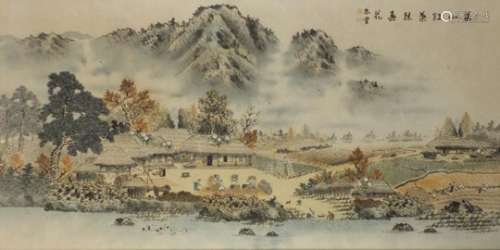 Village scene with figures farming, Chinese watercolour signed with seal marks and calligraphy,