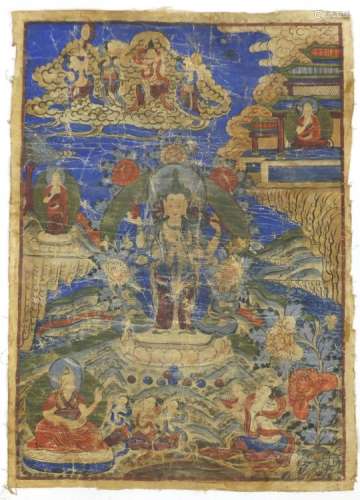Tibetan thangka hand painted with deities, unframed, 61cm 45cm : For Further Condition Reports
