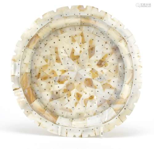 Indian Goa mother of pearl plate formed of pin sections, 22cm in diameter : For Further Condition
