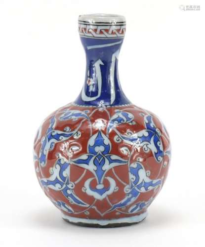 Turkish Kutahya pottery holy water vase, hand painted with stylised flowers, 19.5cm high : For