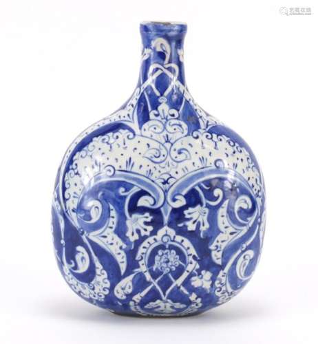 Turkish Iznik pottery water flask, hand painted with stylised flowers and foliage, 20cm high : For