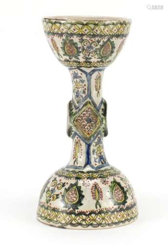 Turkish Kutahya pottery candle holder, hand painted with flowers, painted marked to the base, 24.5cm