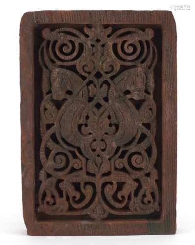 Antique Islamic wood panel carved with two horses, 32cm x 22cm : For Further Condition Reports