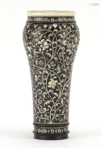 Antique Dutch Colonial style rosewood vase with ivory inlay, finely decorated with flowers amongst