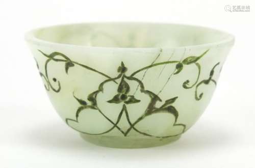 Islamic pale green jade cup incised with stylised foliage, 6cm in diameter : For Further Condition