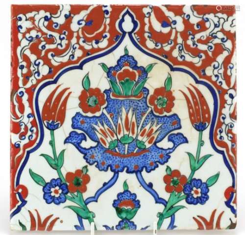 Turkish Iznik pottery tile hand painted with flowers, 25cm x 25cm : For Further Condition Reports