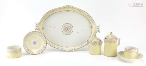 Antique Continental porcelain part cabaret set including tray and coffee can with saucer, each