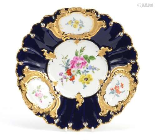 19th century Meissen porcelain plate, hand painted with panels of flowers, blue cross sword marks