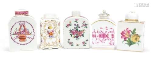 Five antique and later continental porcelain tea caddy's including a Meissen example hand painted