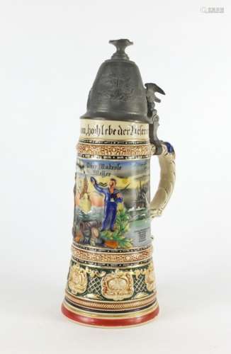German Naval interest stein by Paul Klutsih of Coblenz, decorated in relief with SMS Hamburg and