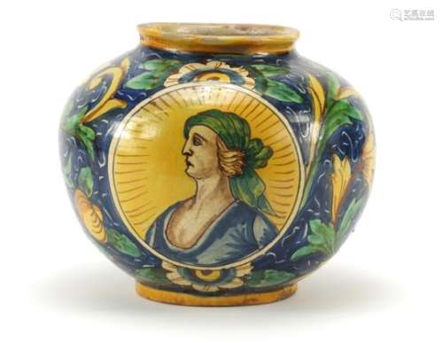 Antique majolica pottery vase hand painted with a portrait of female amongst foilage, 20cm high :