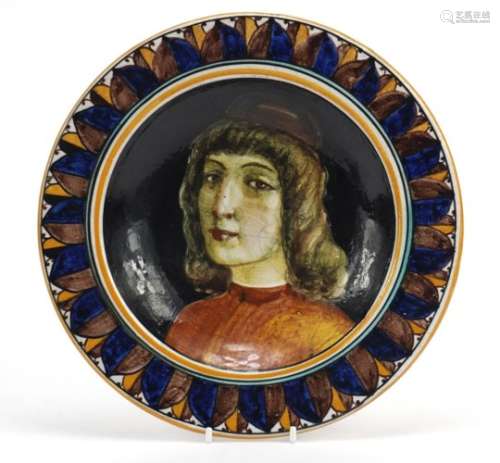 18th century Italian Maiolica plate hand painted with a portrait, inscribed Venetia, 25cm in