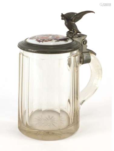 19th century cut glass stein with pewter lid, housing ceramic panel depicting a coat of arms, 17.5cm