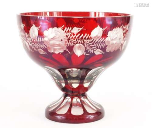Large Bohemian red flashed cut glass centre bowl, finely etched with a continuous band of flowers,