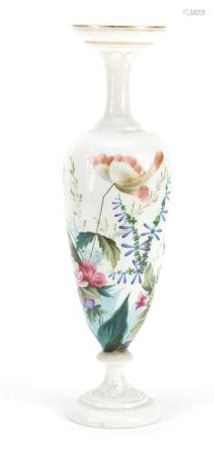 Victorian white opaline glass vase hand painted with flowers, 41.5cm high : For Further Condition